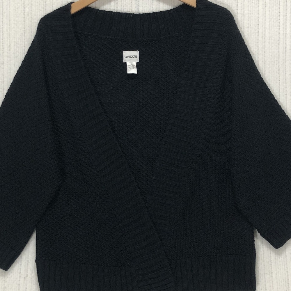 Chicos Black Open Front Cardigan Textured Knit Kimono Sleeve Wool Blend Size 2